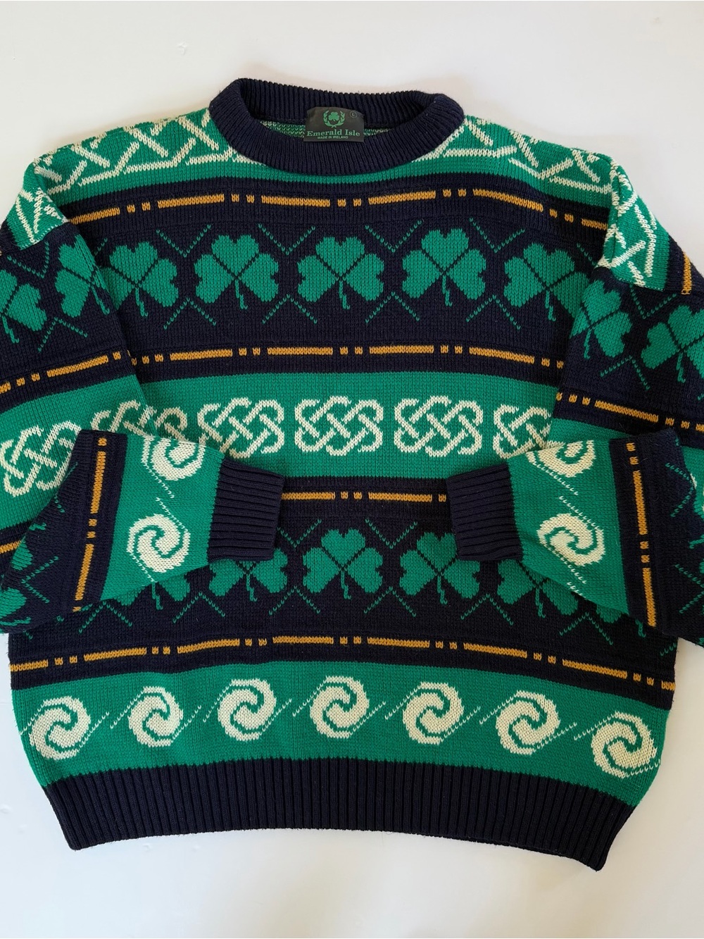 Vintage 90s Emerald Isle Ireland Shamrock Celtic Knot Sweater Navy Green Unisex